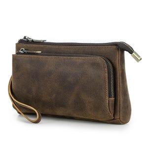 Crazy Horse Leather Phone And Accessories Storage Bag Genuine Cowhide Wristlet With Zipper Compartments Style Organizer Gift For Men Coffee