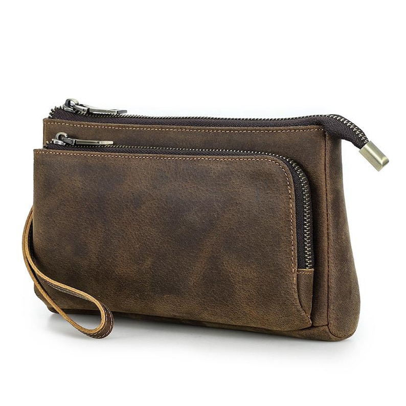 Crazy Horse Leather Phone And Accessories Storage Bag Genuine Cowhide Wristlet With Zipper Compartments Style Organizer Gift For Men Coffee