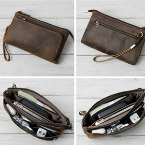 Crazy Horse Leather Phone And Accessories Storage Bag Genuine Cowhide Wristlet With Zipper Compartments Style Organizer Gift For Men image 3