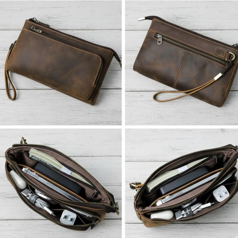 Crazy Horse Leather Phone And Accessories Storage Bag Genuine Cowhide Wristlet With Zipper Compartments Style Organizer Gift For Men image 3