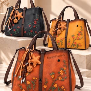 Braune, florale Tote-Handtasche aus echtem Leder mit Reißverschluss, Innentaschen, verstellbarem Schulterriemen und botanischem Design für Damen