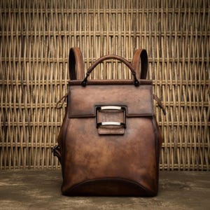Plecak skórzany z możliwością konwersji, damski, personalizowany, vintage, brązowy, polerowana skóra bydlęca, torba na ramię, klamra, wiele kieszeni, prezent