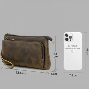Crazy Horse Leather Phone And Accessories Storage Bag Genuine Cowhide Wristlet With Zipper Compartments Style Organizer Gift For Men image 4
