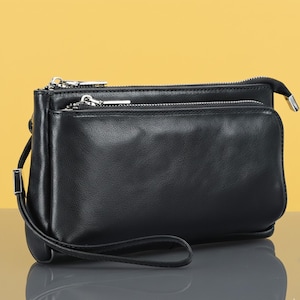 Crazy Horse Leather Phone And Accessories Storage Bag Genuine Cowhide Wristlet With Zipper Compartments Style Organizer Gift For Men Black