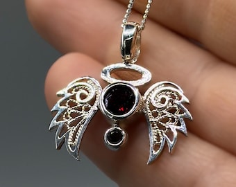 Silverängelhalsband • Granatfiligranhänge • Handgjorda skyddssmycken i sterlingsilver • Present till henne