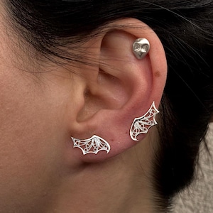 Pendientes de ala de diablo • Postes de alas de murciélago y dragón • Joyería de filigrana de plata esterlina