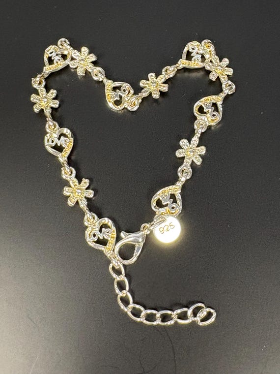 Vintage Sterling Silver "Love" Heart Bracelet - 925 Two-Tone Flower Links - Romantic Y2K Jewellery