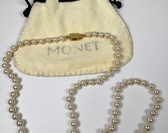 Vintage Monet Pearl Strand Necklace with Original Branded Velvet Pouch, 60cm Hand-Knotted Mid-Century Classic, Signed Archival Piece