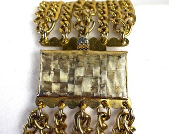 Vintage Gold-Tone Multi-Chain Bracelet, Wide 8-Strand Statement Bracelet, 1960s Chain Cuff