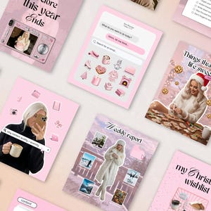 Puede incluir: Un collage de piezas de arte digital con temática rosa. Las imágenes incluyen texto que dice "READ THIS Before this year Ends", "Weekly report" y "Things that make life sweeter". Otras imágenes incluyen una lista de deseos navideños y un calendario.