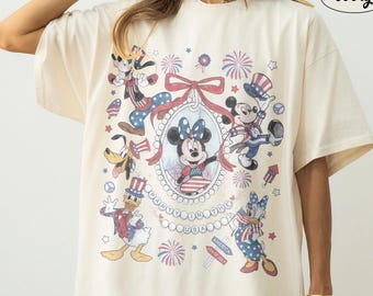 Coquette Bow Disney 4th Of July Comfort Colors Shirt, Patriotic Mickey Friends Tee, USA 250th Independence Day Retro Celebration Outfit