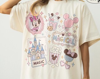 Camiseta retro de Minnie Mouse con lazo coqueto y colores cómodos, camiseta vintage de snacks de Disneyland, regalo para viaje de niñas a WDW Magic Kingdom, vacaciones familiares 2026