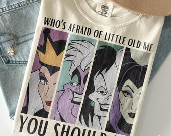 Camiseta Disney ¿Quién me teme?, Camiseta de Halloween con colores acogedores, Camiseta de temporada espeluznante, Villanos clásicos de Disney Halloween