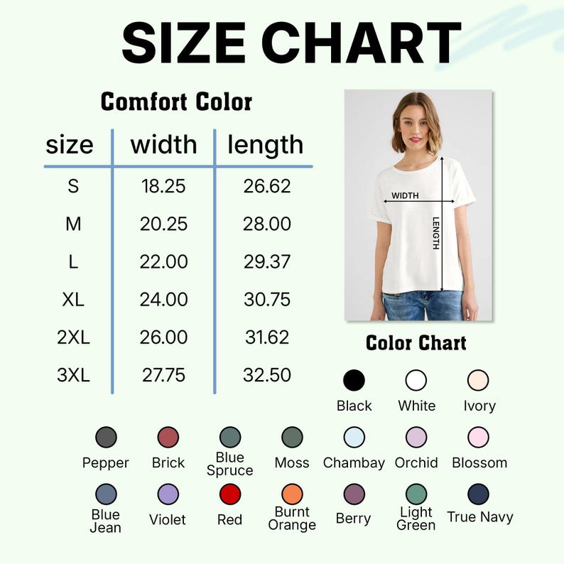 Puede incluir: Una tabla de tallas para camisetas Comfort Color, con medidas en pulgadas para las tallas S a 3XL. La tabla incluye dimensiones de ancho y largo, junto con una tabla de colores con negro, blanco, marfil y otros colores. El texto "SIZE CHART" est&aacute; en la parte superior.