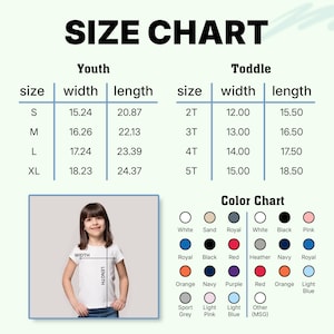 Puede incluir: Una tabla de tallas para ropa de ni&ntilde;os y ni&ntilde;os peque&ntilde;os, con medidas en pulgadas para el ancho y el largo. Incluye una carta de colores con varias opciones. Se muestra a una ni&ntilde;a peque&ntilde;a usando una camiseta blanca, con medidas de ancho y largo indicadas.