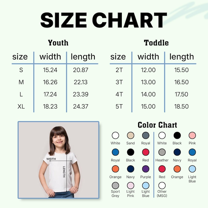 Puede incluir: Una tabla de tallas para ropa de ni&ntilde;os y ni&ntilde;os peque&ntilde;os, con medidas en pulgadas para el ancho y el largo. Incluye una carta de colores con varias opciones. Se muestra a una ni&ntilde;a peque&ntilde;a usando una camiseta blanca, con medidas de ancho y largo indicadas.