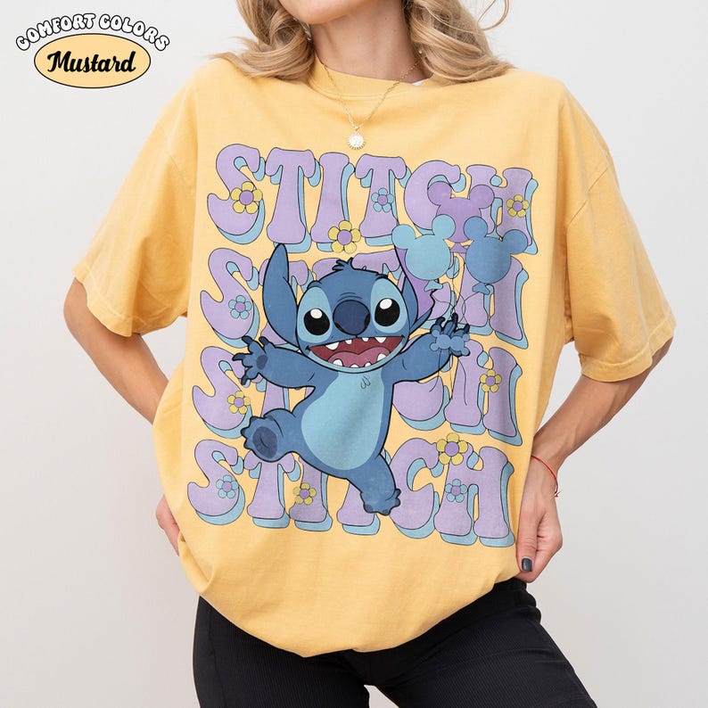 Vintage Disney Stitch Comfort Colors Shirt, Retro Lilo And Stitch Ohana Tee, Magic Kingdom 2026, Disneyland Family Matching Vacation Trip Mustard/Yellow