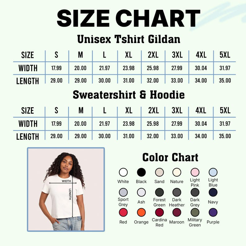 Puede incluir: Tabla de tallas para camisetas y sudaderas con capucha unisex, con medidas de ancho y largo en cm. Incluye una carta de colores con opciones como blanco, negro y azul marino. Una mujer lleva una camiseta blanca.