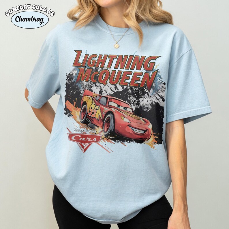 Comfort Colors Vintage Lightning McQueen Shirt, Retro Disney Pixar Cars Tee, Radiator Springs 2026 Family Vacation Disney World Trip Gift Chambray/Light Blue