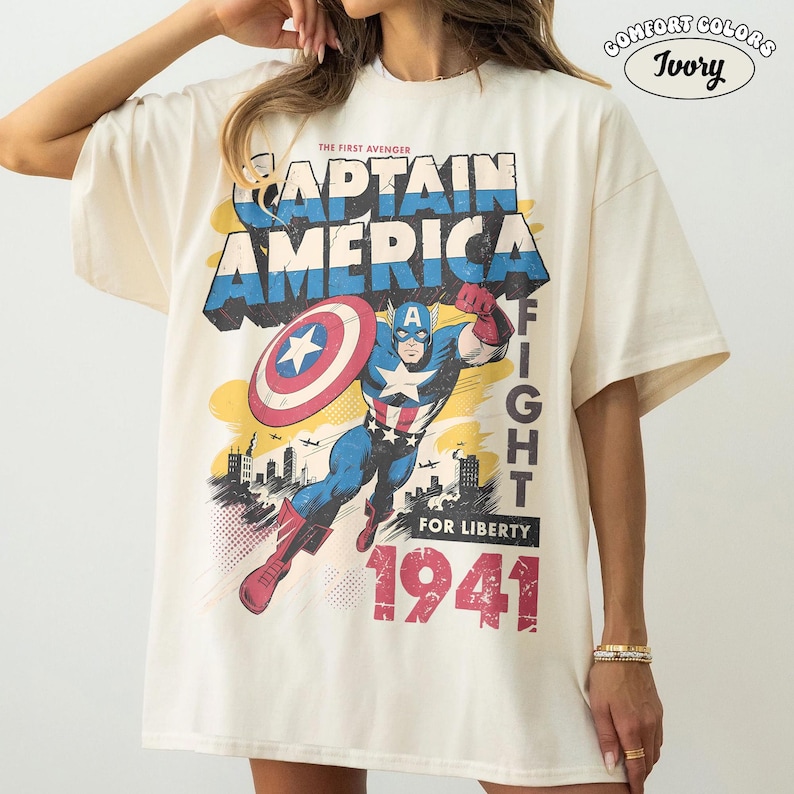 Vintage Captain America Comfort Colors Shirt, Retro Marvel First Avenger Comic Tee, Disney Superhero Gift, Disneyland Family Matching Trip Ivory/Natural/Sand