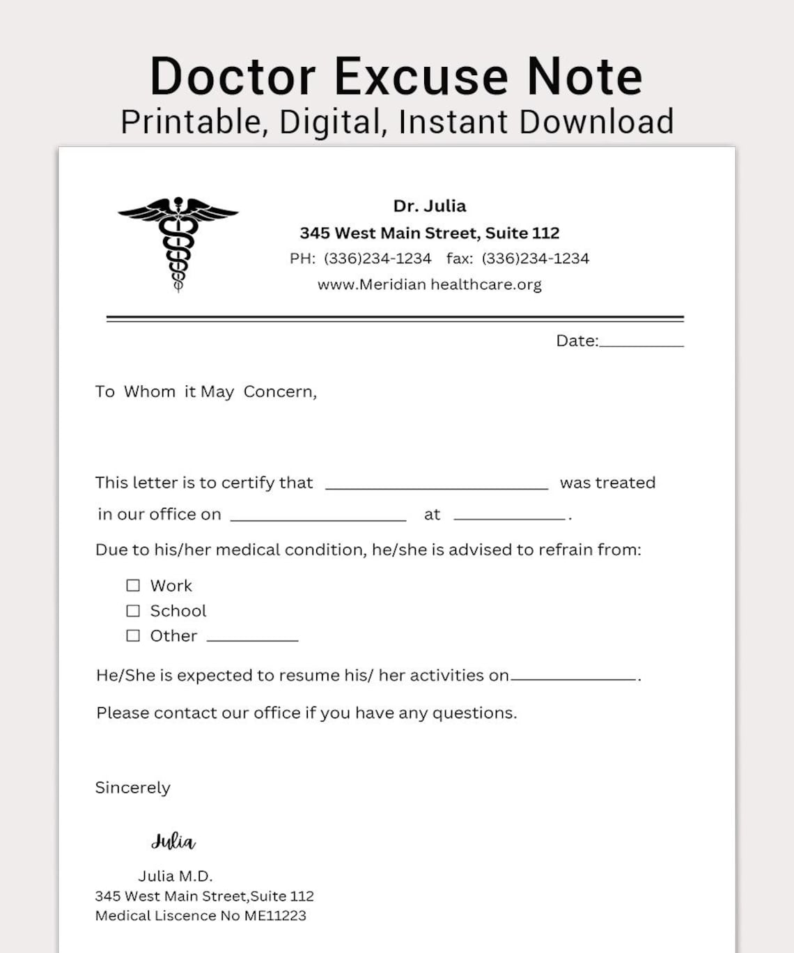 Editable Doctor's Excuse Template Urgent Care Note (PDF, Word, Canva