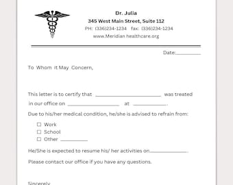 Plantilla editable de justificante médico/nota de atención de urgencia (PDF, Word, Canva)