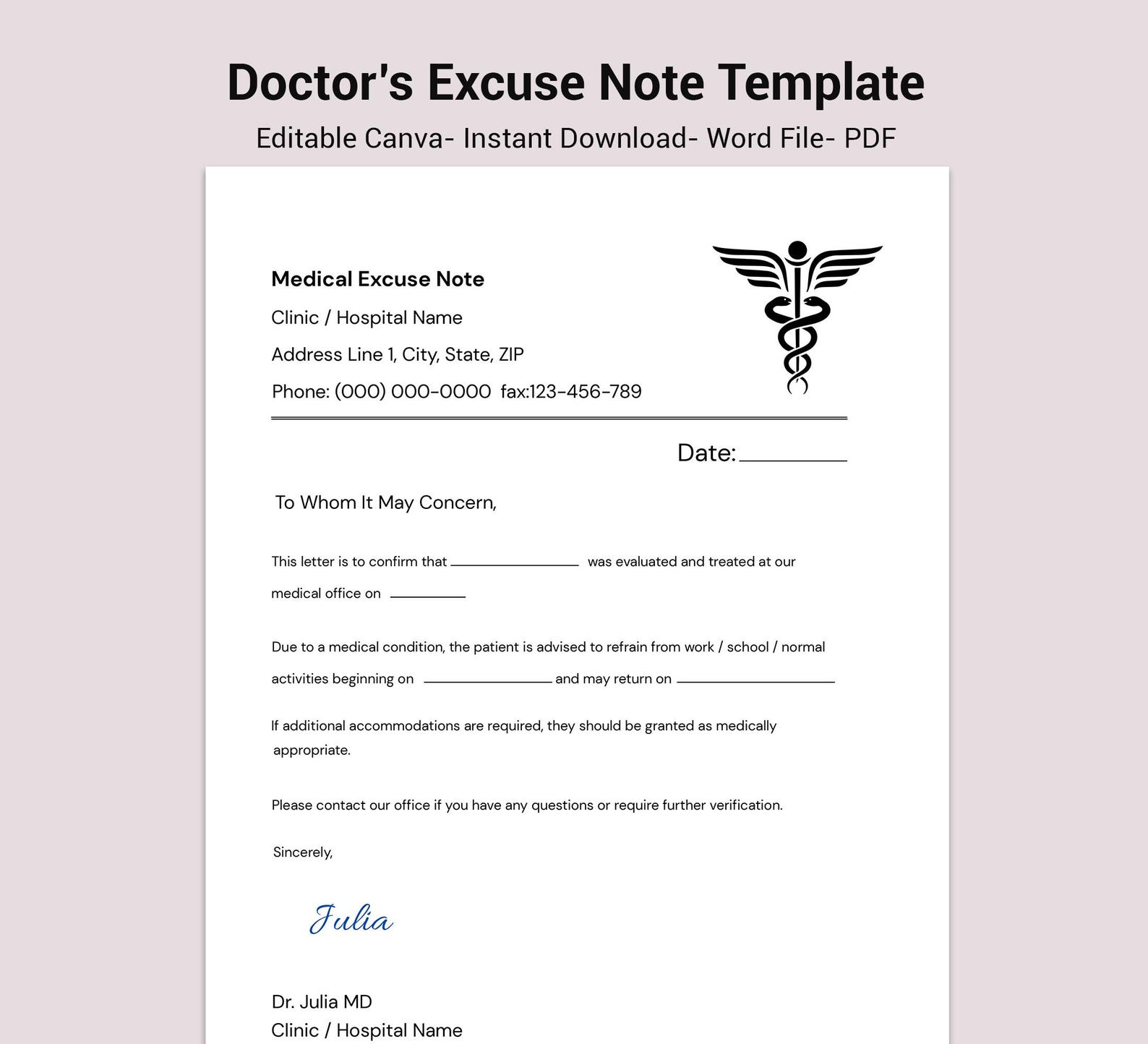 Printable Medical Excuse Note Template | Doctor Style Absence Form (PDF ...