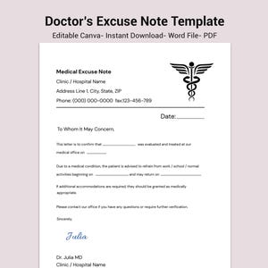 Puede incluir: Una plantilla imprimible de nota de excusa médica. El documento incluye campos para la información de la clínica, los detalles del paciente y una evaluación médica. La parte superior de la página tiene el texto "Doctor's Excuse Note Template". El documento es blanco con texto negro.