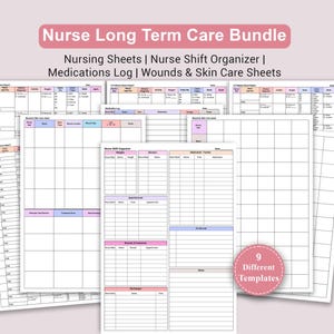 Puede incluir: Un paquete de hojas de enfermería, un organizador de turnos de enfermería y registros de medicamentos. Las hojas son blancas con varias secciones de colores para la entrada de datos. El texto en la parte superior dice "Nurse Long Term Care Bundle".