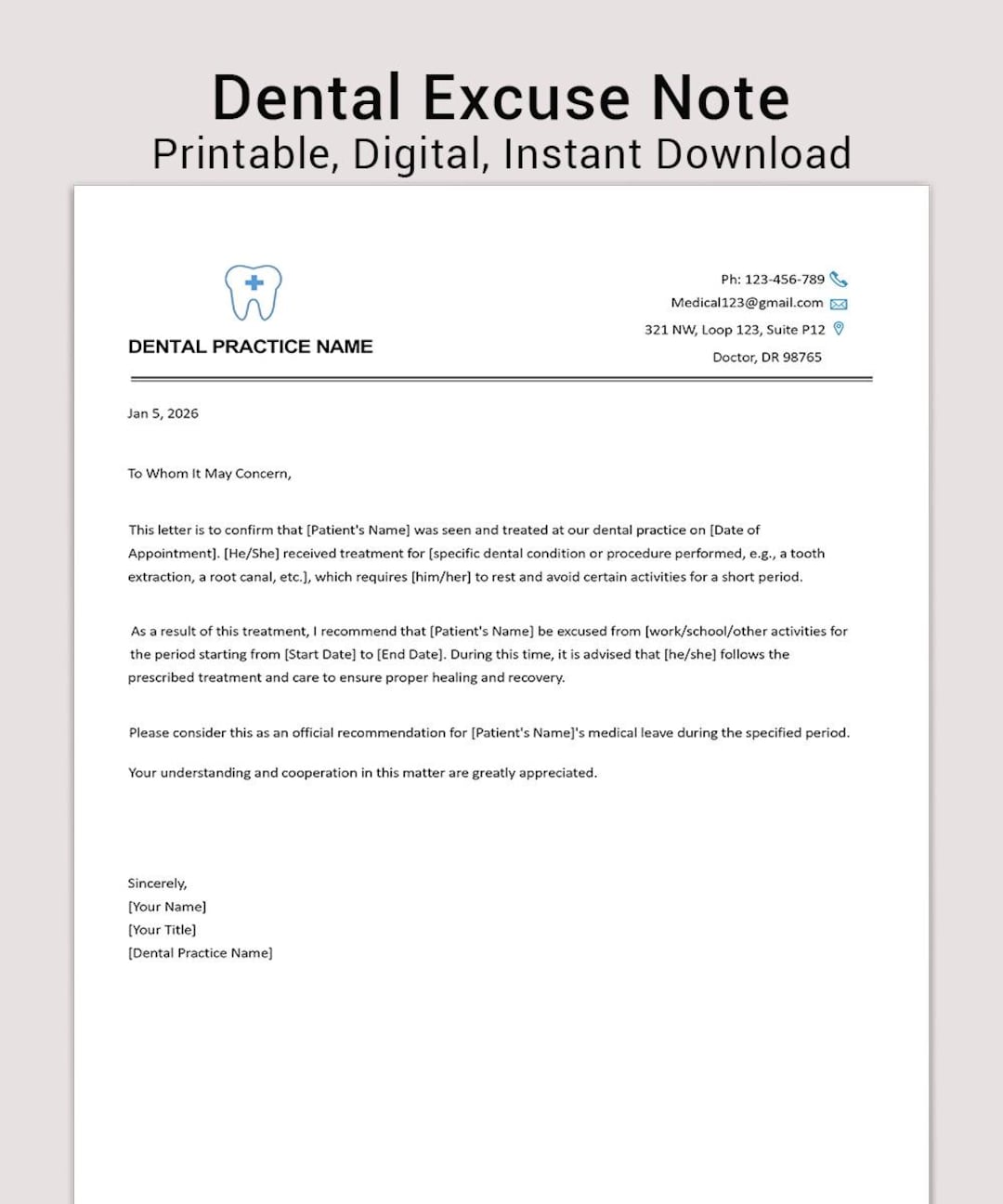 Editable Dental Excuse Note Template, Dentist Doctor Note (canva, MS Word, PDF) - Etsy