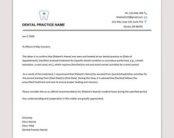 Modello modificabile di nota di scuse odontoiatriche, nota del dentista (Canva, MS Word, PDF)