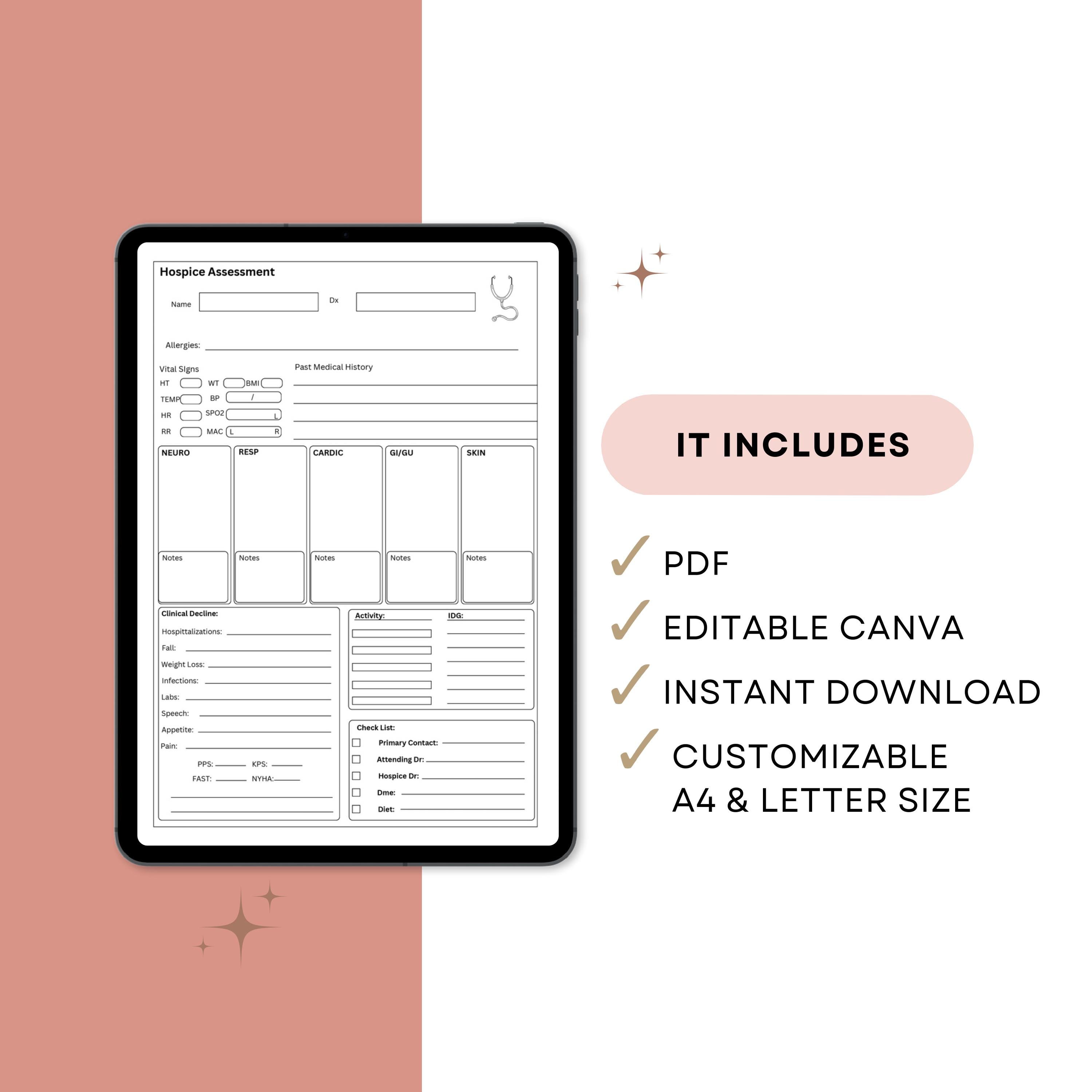 Hospice Nurse Assessment Sheet | RN Visit Form (PDF, Canva Edit) - Etsy