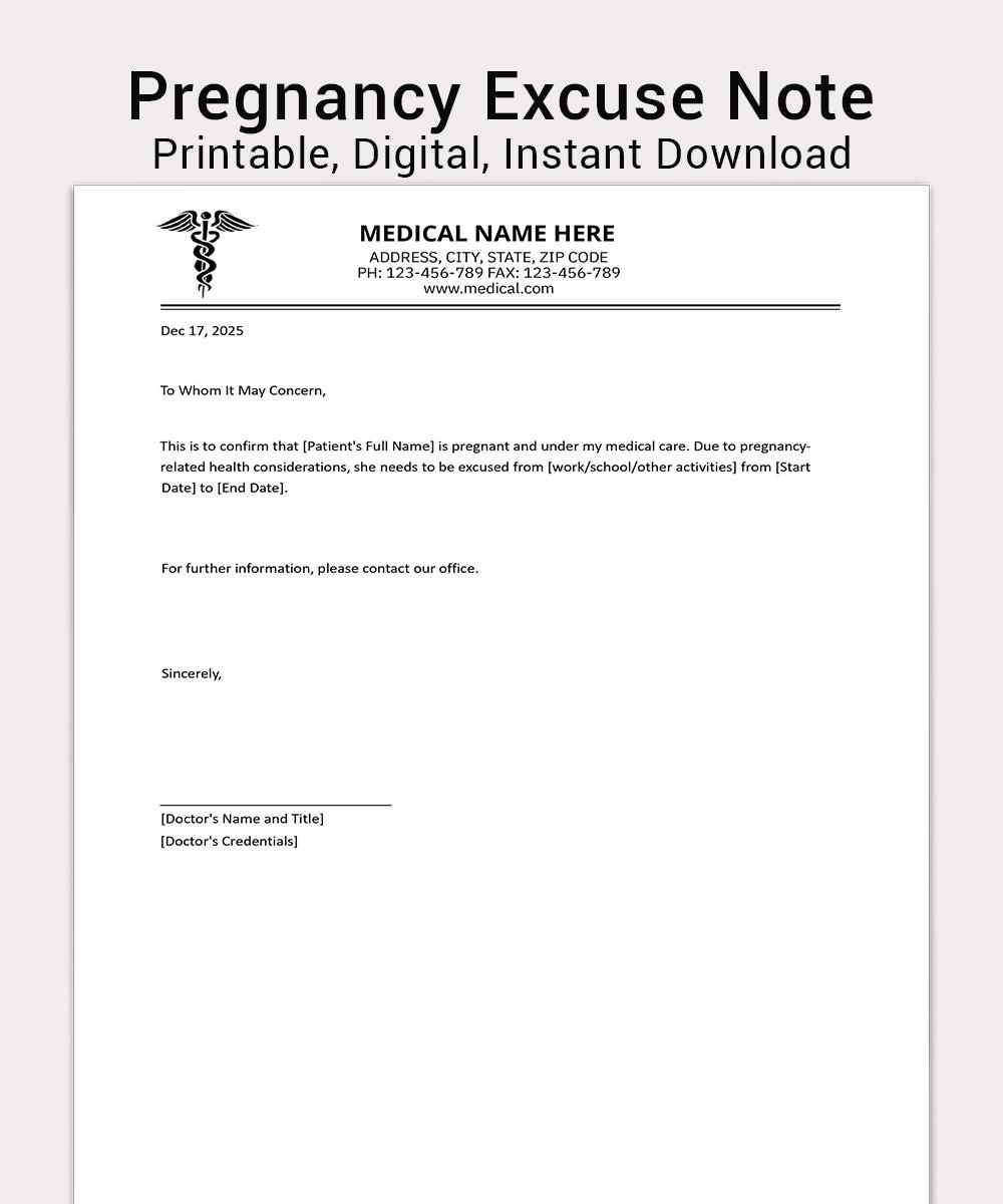 Pregnancy Doctor Excuse Note | Editable Medical Template (PDF, Word ...