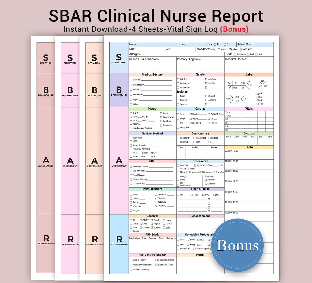 SBAR Nurse Report Sheet Med Surg | Nursing Handoff Template (PDF, Canva ...