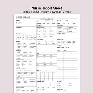 Editable Nurse Brain Sheet | Patient Assessment & Nursing Report Template | Shift Planner Digital Download