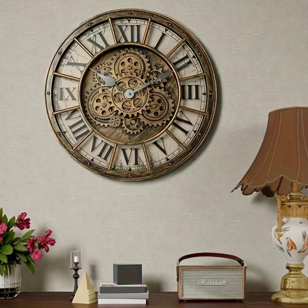 Vintage Large Gear Wall Clock Roman Numeral Industrial Decor Farmhouse ...