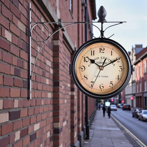 May include: Double-sided outdoor clock with a black metal frame and a cream-colored face. The clock is mounted on a decorative bracket against a red brick wall. The clock face reads "Grand Central Terminal New York".