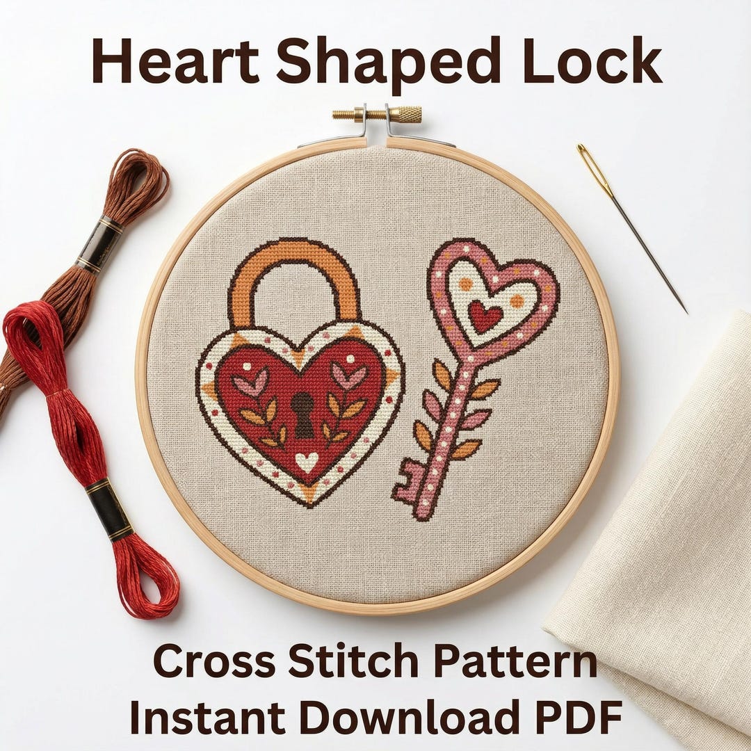 Lockstitch Patterns Heart Shaped Lock Cross Stitch Pattern PDF Romantic Valentine Instant ...
