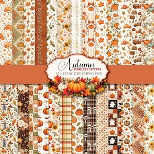 Puede incluir: Una colección digital de patrones otoñales sin costuras con calabazas, girasoles, hojas de otoño, cuadros y camiones. La etiqueta central dice Autumn SEAMLESS PATTERN 12x12 INCHES 43 JPEG.PNG con una ilustración de calabazas y follaje.