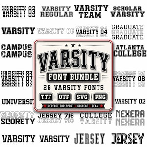 Peut inclure: Diverses polices de caractères de type « varsity », avec des styles variés, y compris des designs gras et soulignés. Le graphique central indique « VARSITY FONT BUNDLE » avec le nombre de polices et les types de fichiers. Idéal pour le sport, l'université et les équipes.