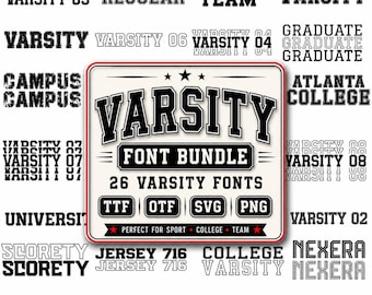 Carattere Varsity, Carattere SVG, Carattere sportivo, Carattere effetto invecchiato, Carattere da baseball, Carattere da maglia, Carattere universitario, Lettere Varsity SVG, Carattere da football americano, Download digitale