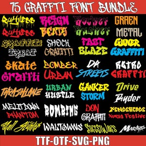 May include: A digital collection titled 75 GRAFFITI FONT BUNDLE featuring various stylized text samples in multiple colors including yellow, pink, orange, red, blue, green, and white against a black background, with TTF-OTF-SVG-PNG text below.