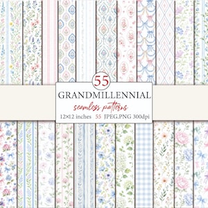 May include: A collection of 55 seamless digital patterns featuring floral, striped, gingham, and damask designs in pastel blue, pink, and green. The central text reads 55 GRANDMILLENNIAL seamless patterns 12x12 inches 55 JPEG.PNG 300dpi.