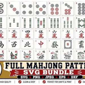 May include: A collection of 45 Mahjong tile designs in a SVG bundle. The tiles feature various symbols, numbers, and Chinese characters in red, green, and black on a white background. The bundle includes SVG, PNG, JPEG, EPS, and DXF formats.