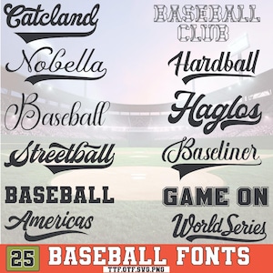 Pu&ograve; includere: Una collezione di 25 font di baseball in vari stili, visualizzati su uno sfondo di campo e stadio di baseball. I font includono "Catcland", "Nobella", "Baseball", "Streetball", "Baseball Americas", "Baseball Club", "Hardball", "Haglos", "Baseliner", "Game On" e "World Series".