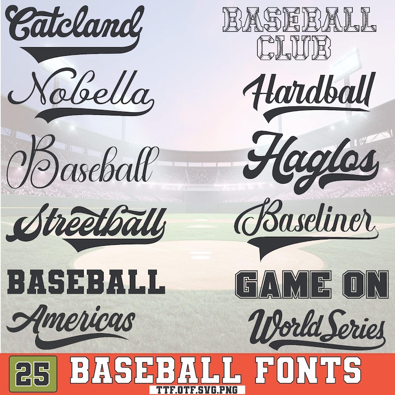 Pu&ograve; includere: Una collezione di 25 font di baseball in vari stili, visualizzati su uno sfondo di campo e stadio di baseball. I font includono "Catcland", "Nobella", "Baseball", "Streetball", "Baseball Americas", "Baseball Club", "Hardball", "Haglos", "Baseliner", "Game On" e "World Series".