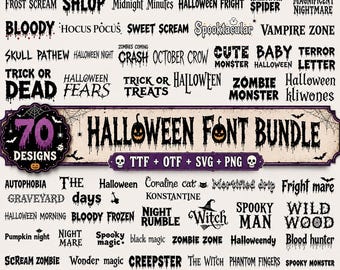 May include: A Halloween-themed graphic design featuring a collection of spooky fonts. The image includes the text "Halloween Font Bundle" with 70 designs, and various Halloween-related words like "Zombie" and "Monster".