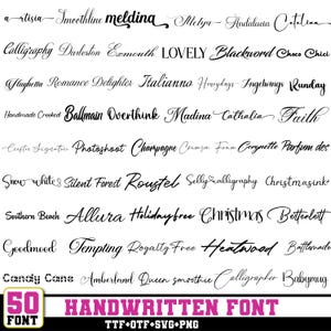 May include: A black and white graphic showcasing 50 handwritten fonts. The fonts are displayed in various styles, from elegant scripts to bold, modern designs. The image includes the text "50 HANDWRITTEN FONT" and file type information.