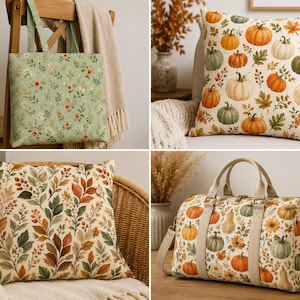 May include: A collection of home accessories including a light green floral tote bag, a square throw pillow with a pumpkin and leaf pattern, a square throw pillow with a botanical leaf print, and a duffel bag featuring a pumpkin and foliage design.