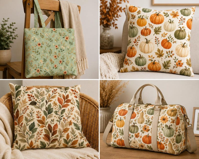 May include: A collection of home accessories including a light green floral tote bag, a square throw pillow with a pumpkin and leaf pattern, a square throw pillow with a botanical leaf print, and a duffel bag featuring a pumpkin and foliage design.